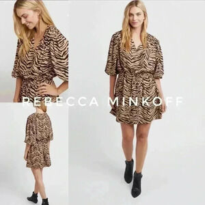 BNWT Rebecca Minkoff Isabella tiger print mini dress in camel zebra size  Xs